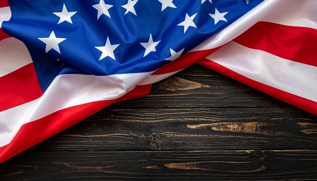 American flag partially draped over a dark wooden surface