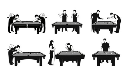 playing a game of billiard, supportive, less lonely, black and white, faceless, Silhouette, Vector art style, Flat design illustration, clean outline.