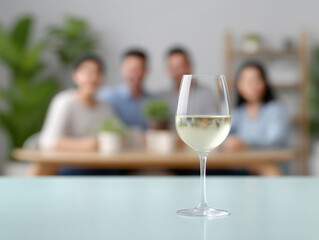 Close up of glass of white wine on table with blurred group of people sitting and smiling in background