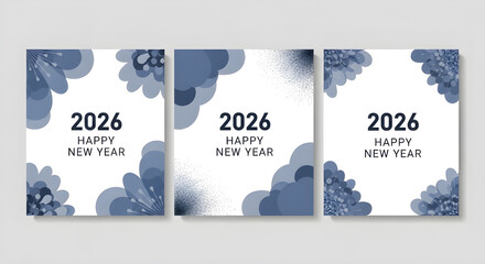 Three variations of a 2026 happy new year greeting card design with blue floral accents isolated on white background