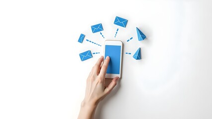 Hand Holding White Smartphone with Blue Screen Surrounded by Blue Envelopes and Triangles on White Background
