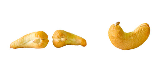 Side view set of three roasted or baked cashew nuts isolated with clipping path in png file format