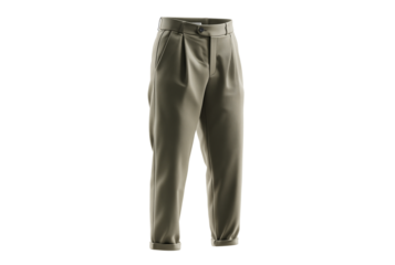 Khaki colored high waisted pleated trousers isolated on transparent background