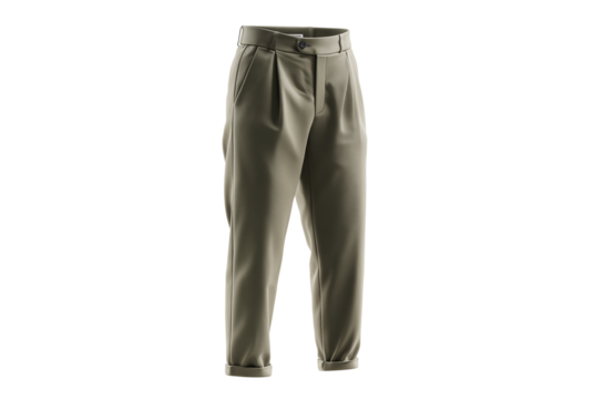 Khaki colored high waisted pleated trousers isolated on transparent background