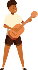 Talented young boy playing an acoustic guitar, enjoying music and performing a song