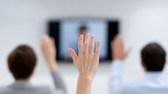Virtual meeting with people raising hand for participation and interaction in video conference - Powered by Adobe