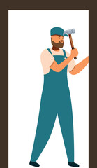 Carpenter working on door frame installation, using hammer in house renovation project