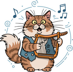 Fluffy cat lyre illustration, cartoon animal musician in vest, funny pet artwork, whimsical music design, joyful vector performance background