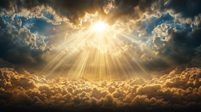 Golden beams shining through drifting clouds create cinematic atmosphere of serenity and awe