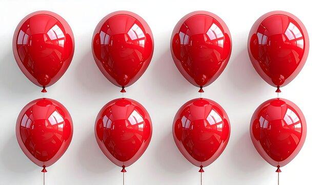 Rows of glossy, bright red balloons arranged against a white wall, some showing highlights and light reflection