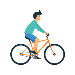 Fototapeta premium Cartoon boy riding a bicycle on white background