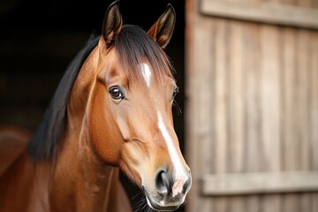 Naklejka premium A close-up of a brown horse with a glossy coat, standing in a stable, showcasing its expressive eyes and strong features against a wooden backdrop.