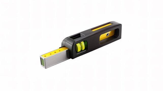 A modern spirit level tool with a sleek design, showcasing a yellow and black color scheme, useful for measuring horizontal and vertical surfaces.