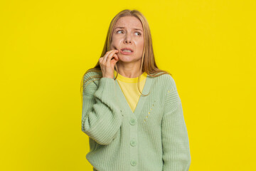 Dental problems. Caucasian middle-aged woman touching cheek, closing eyes with expression of...