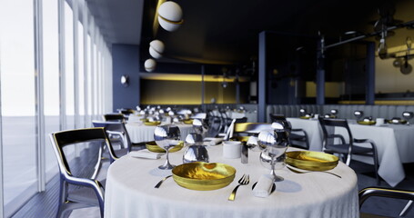 The dining area showcases beautifully arranged tables with gleaming cutlery and gold accented bowls, reflecting a sophisticated atmosphere. Natural light streams through expansive windows.