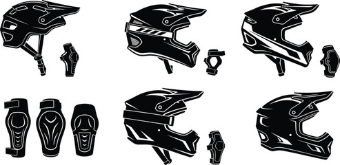 Motocross helmet, protective gear, off-road biking safety, elbow pads, knee guards, extreme sport equipment, dirt bike armor, rider protection set