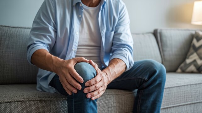 Man sitting on a sofa and holding his knee in pain, suffering from arthritis, injury, or joint problems at home