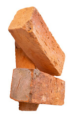 Side view of three cracked old red or orange bricks in stack isolated on white background with clipping path