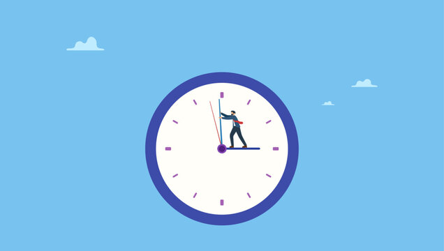 Businessman standing on clock hour hand manage to push back minute hand to turn back time. Turn back time to change or fix mistake, inevitable failure or urgency closed to deadline.