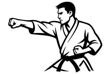 Dynamic vector illustration of a powerful male martial artist in a traditional white gi with a black belt, executing a precise straight punch. Ideal for combat sports, self-defense, fitness, training