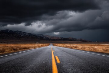 Fototapeta premium A long, empty asphalt road stretches towards mountains under a dramatic, stormy sky