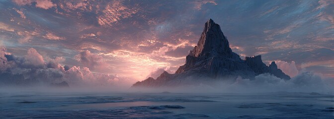 A majestic, snow-capped mountain looms over a misty landscape beneath a vibrant, painted sky