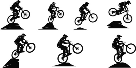Fototapeta premium Mountain bike rider silhouette, extreme sports illustration, BMX stunt vector, off-road cycling action, helmet safety, ramp jump, trick sequence artwork