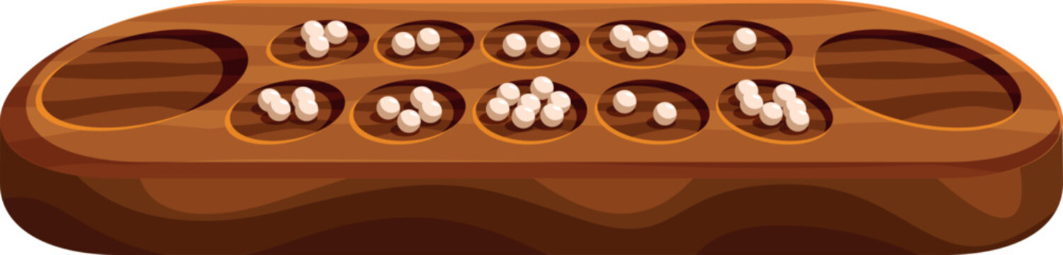 Mancala board game in progress, featuring small white playing pieces nestled in wooden hollows