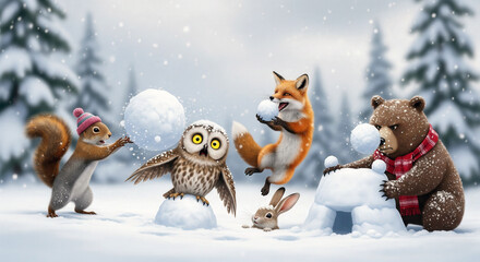 Group of forest animals have a funny snowball fight in a snowy winter wonderland scene.