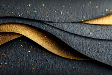 Abstract background featuring textured black surfaces with wavy gold accents and scattered gold specks