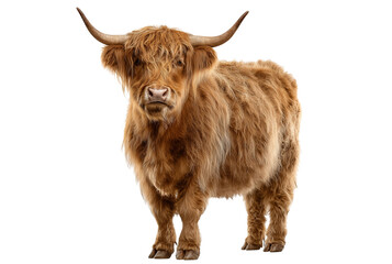 Majestic highland cow with long horns isolated on transparent background