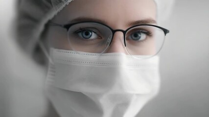 Close up of female healthcare worker with blue eyes wearing eyeglasses, surgical mask, and hairnet, showing focus, calm, and tired expression medical environment, professional portrait of dedicated - Powered by Adobe