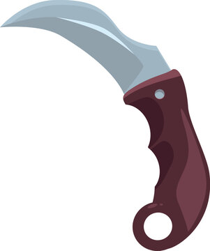 Karambit knife featuring curved blade and brown handle, designed for close quarters combat