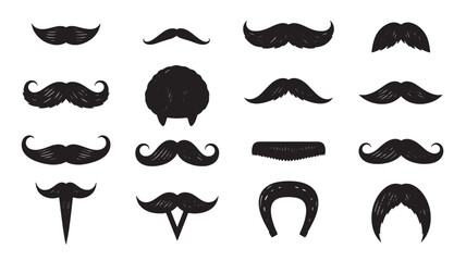 Various mustache and beard styles in black perfect for design on transparent background silhouette