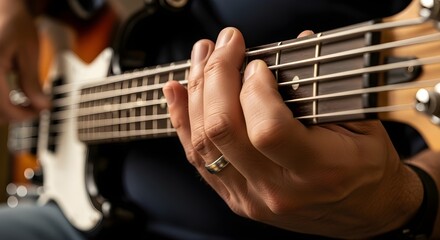 Obraz premium Musician's Hands Playing an Electric Bass Guitar - Close-Up on Fretboard, Live Music, Band Performance