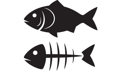 Black fish illustration with fish skeleton ideal for design on transparent background silhouette