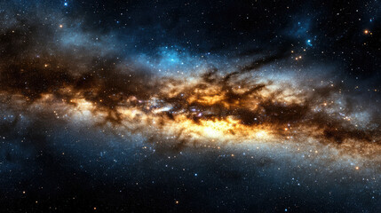 Golden starlight scattering across dark cosmic space creates mesmerizing view of galaxy