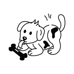A black and white cartoon dog holds a black bone The dog has spots and a curved tail