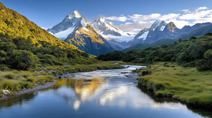 Majestic mountains reflect in serene river, surrounded by lush greenery and tranquil landscape