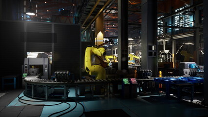 A busy factory operates at night, showcasing a conveyor belt where robotic arms efficiently assemble and transport various products. The atmosphere is industrial and high tech.