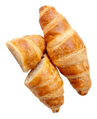 Top view of one brown or golden croissants with two halves in stack isolated with clipping path in png file format