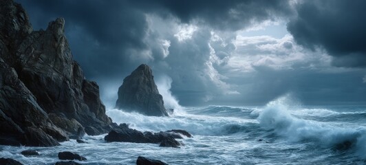 Stormy ocean waves crashing against jagged cliffs with dramatic clouds and powerful spray in moody late-evening cinematic light
