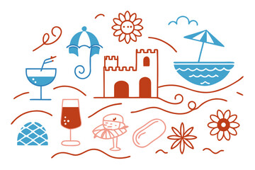 Summer Beach Vacation Icons Featuring Castle Drink Sun and Seaside Elements