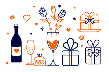 Romantic Celebration Illustration with Roses Gifts and Sparkling Drinks for Special Occasions
