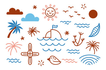 Tropical beach illustration with sun palm trees and boat on water