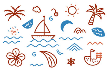 Tropical island vacation themed vector illustration with palm trees and sailboats