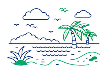 Tropical island paradise with palm trees and ocean waves vector illustration