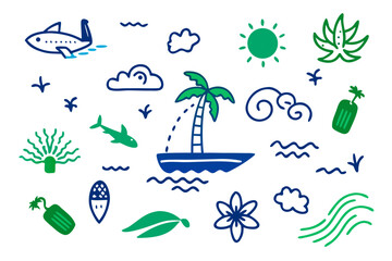 Tropical Vacation Doodle Seamless Pattern with Ocean and Palm Tree