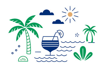 Vibrant tropical beach scene with palm trees and refreshing drink