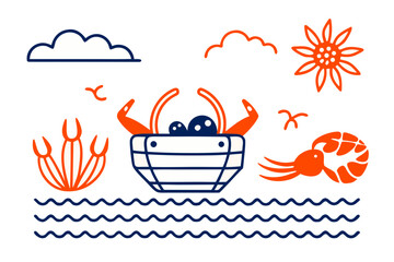 Whimsical Ocean Scene with Crab Sun Clouds and Stylized Marine Life